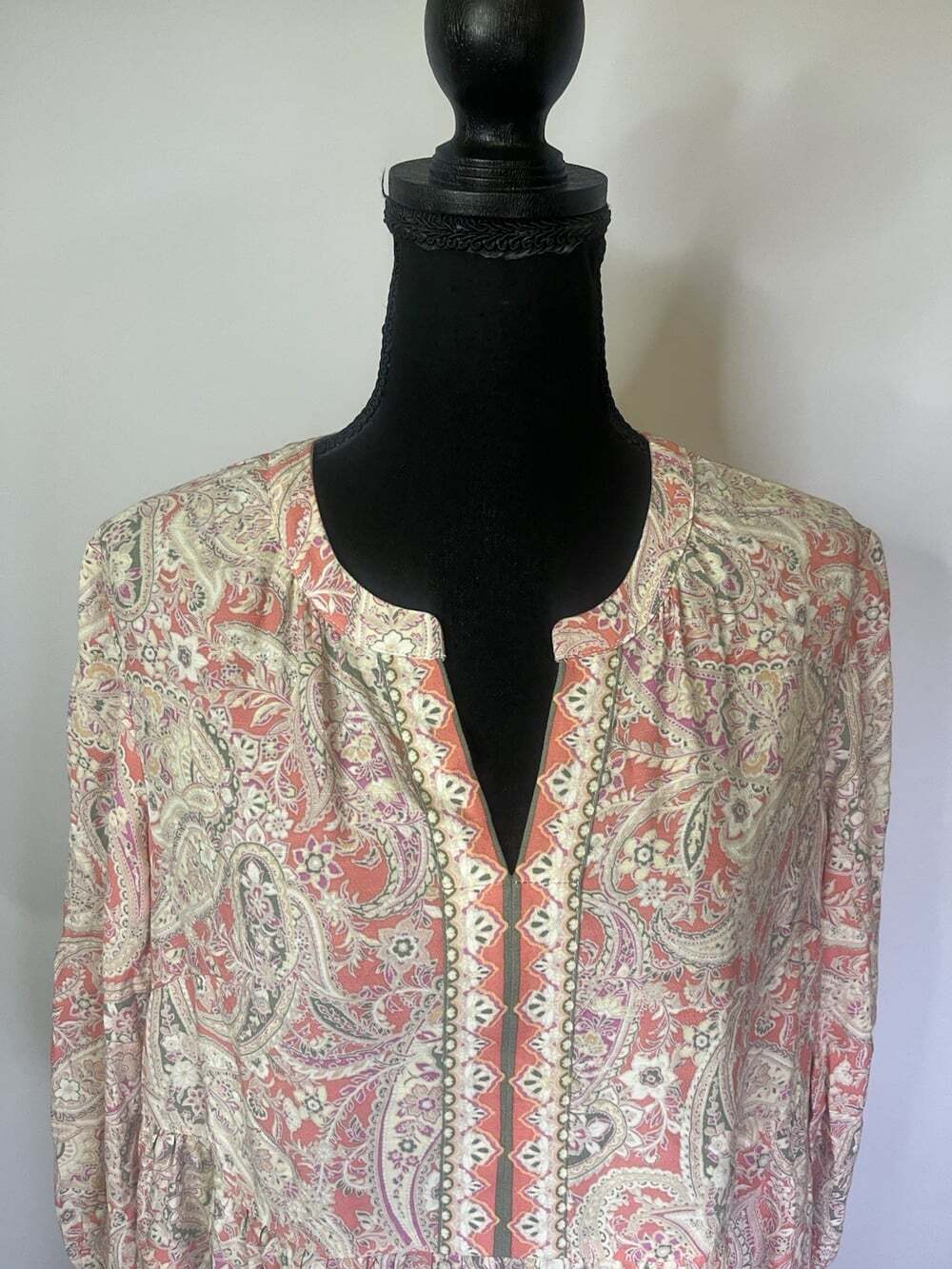 J Jill Cottage Peasant Dress Sz XL Babydoll Coral Pink Paisley Balloon Sleeve - Picture 5 of 12